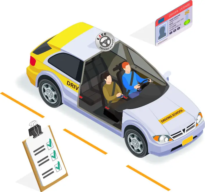 Illustration of a driving lesson with instructor and student